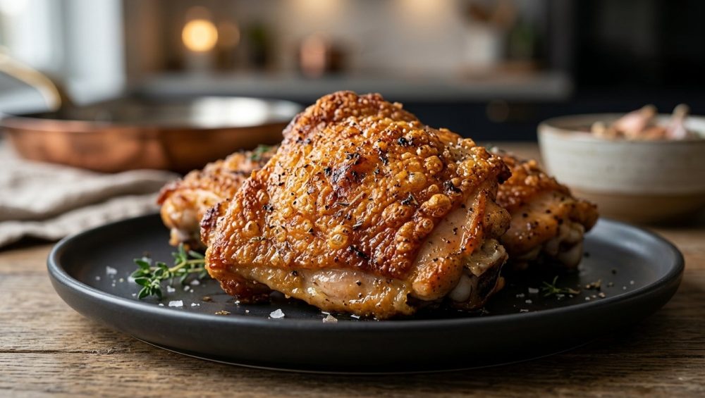 An extreme close-up of roasted chicken thighs with incredibly crispy, bubbly golden-brown skin, plated on a dark ceramic dish against a softly blurred kitchen background.