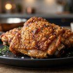 An extreme close-up of roasted chicken thighs with incredibly crispy, bubbly golden-brown skin, plated on a dark ceramic dish against a softly blurred kitchen background.