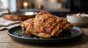 An extreme close-up of roasted chicken thighs with incredibly crispy, bubbly golden-brown skin, plated on a dark ceramic dish against a softly blurred kitchen background.