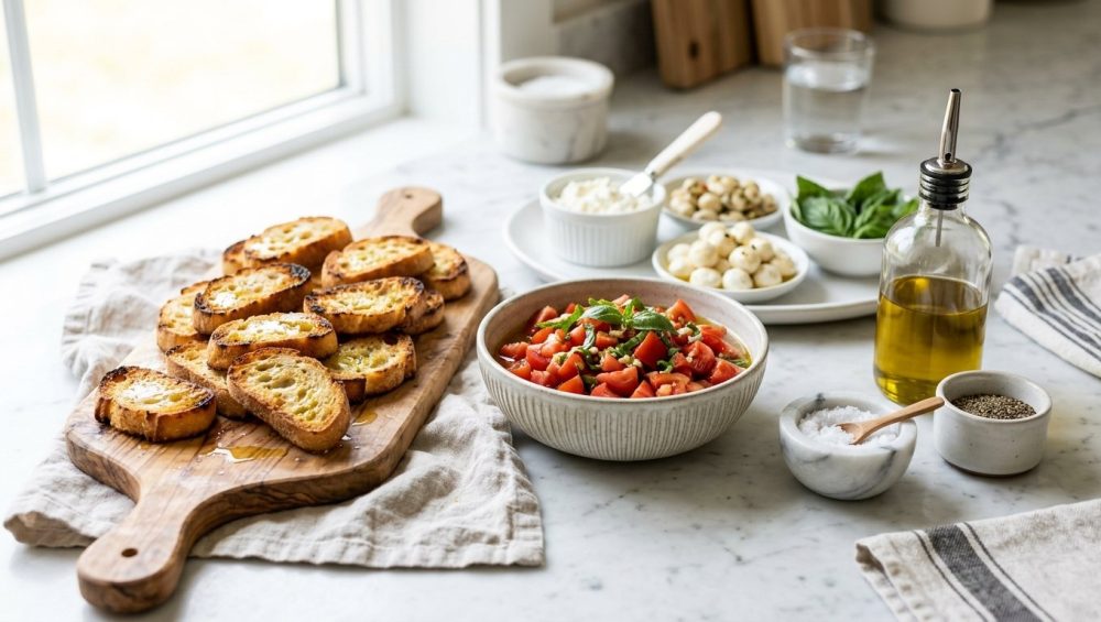 **Alt text:** A bright, professional food photograph of a DIY bruschetta station on a light marble countertop. Golden-brown toasted crostini on a rustic wooden board are in sharp focus in the foreground, next to a ceramic bowl of fresh diced tomatoes with basil and a sleek bottle of olive oil in soft, natural daylight.