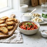 **Alt text:** A bright, professional food photograph of a DIY bruschetta station on a light marble countertop. Golden-brown toasted crostini on a rustic wooden board are in sharp focus in the foreground, next to a ceramic bowl of fresh diced tomatoes with basil and a sleek bottle of olive oil in soft, natural daylight.