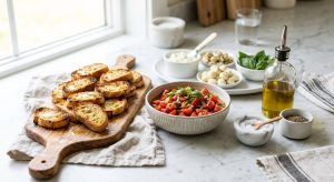 **Alt text:** A bright, professional food photograph of a DIY bruschetta station on a light marble countertop. Golden-brown toasted crostini on a rustic wooden board are in sharp focus in the foreground, next to a ceramic bowl of fresh diced tomatoes with basil and a sleek bottle of olive oil in soft, natural daylight.