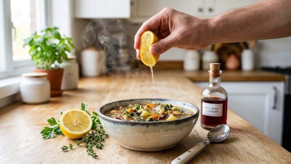 **Alt text:** A hand squeezing a fresh lemon wedge over a steaming bowl of vegetable soup on a wooden counter, capturing a stream of juice splashing into the broth.