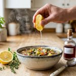 **Alt text:** A hand squeezing a fresh lemon wedge over a steaming bowl of vegetable soup on a wooden counter, capturing a stream of juice splashing into the broth.