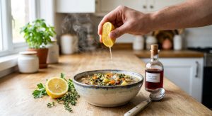 **Alt text:** A hand squeezing a fresh lemon wedge over a steaming bowl of vegetable soup on a wooden counter, capturing a stream of juice splashing into the broth.