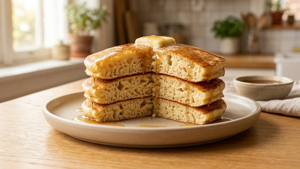 A stack of thick, golden pancakes with melting butter and dripping syrup, with one sliced open to reveal a fluffy, airy interior.