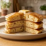 A stack of thick, golden pancakes with melting butter and dripping syrup, with one sliced open to reveal a fluffy, airy interior.