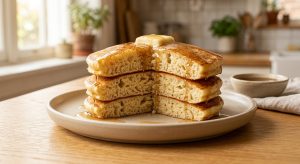 A stack of thick, golden pancakes with melting butter and dripping syrup, with one sliced open to reveal a fluffy, airy interior.