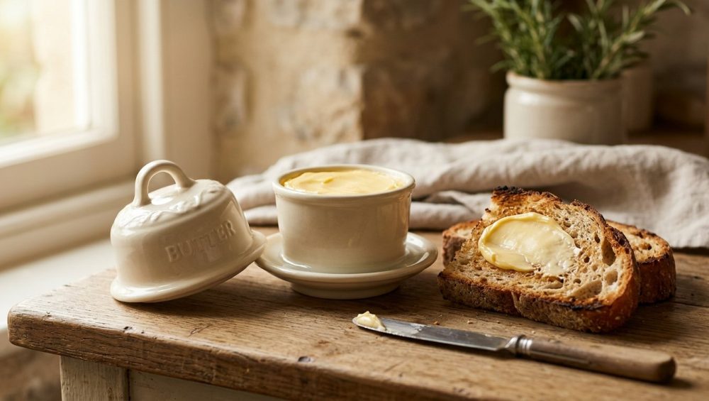 **Alt Text:** An elegant cream-colored ceramic French butter bell sits on a rustic wooden counter next to a slice of toasted sourdough bread with a fresh swipe of butter. The bell’s lid is off, revealing soft golden butter inside, all bathed in warm, soft morning sunlight.