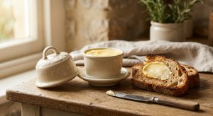 **Alt Text:** An elegant cream-colored ceramic French butter bell sits on a rustic wooden counter next to a slice of toasted sourdough bread with a fresh swipe of butter. The bell’s lid is off, revealing soft golden butter inside, all bathed in warm, soft morning sunlight.