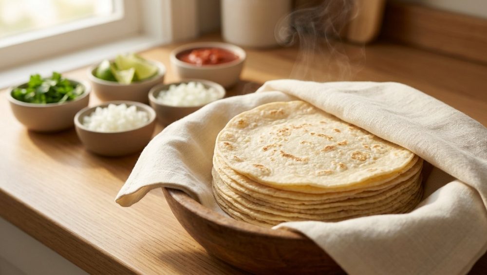 **Alt text:** A warm stack of fresh, pliable corn tortillas wrapped in a cream-colored linen cloth inside a rustic wooden bowl, with a soft-focus taco bar of fresh toppings in the background.