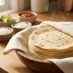 **Alt text:** A warm stack of fresh, pliable corn tortillas wrapped in a cream-colored linen cloth inside a rustic wooden bowl, with a soft-focus taco bar of fresh toppings in the background.