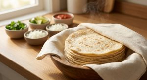 **Alt text:** A warm stack of fresh, pliable corn tortillas wrapped in a cream-colored linen cloth inside a rustic wooden bowl, with a soft-focus taco bar of fresh toppings in the background.