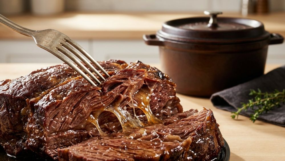 **Alt text:** An extreme close-up of a silver fork pulling apart a tender beef chuck roast, revealing glistening, juicy muscle fibers and melted gelatin under warm light, with a blurred Dutch oven in the background.