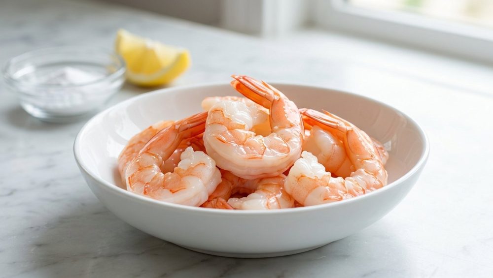 **Alt text:** Plump, glistening cooked shrimp in a white ceramic bowl on a light marble countertop, with a soft-focus background of a lemon wedge and a small bowl of prep ingredients.