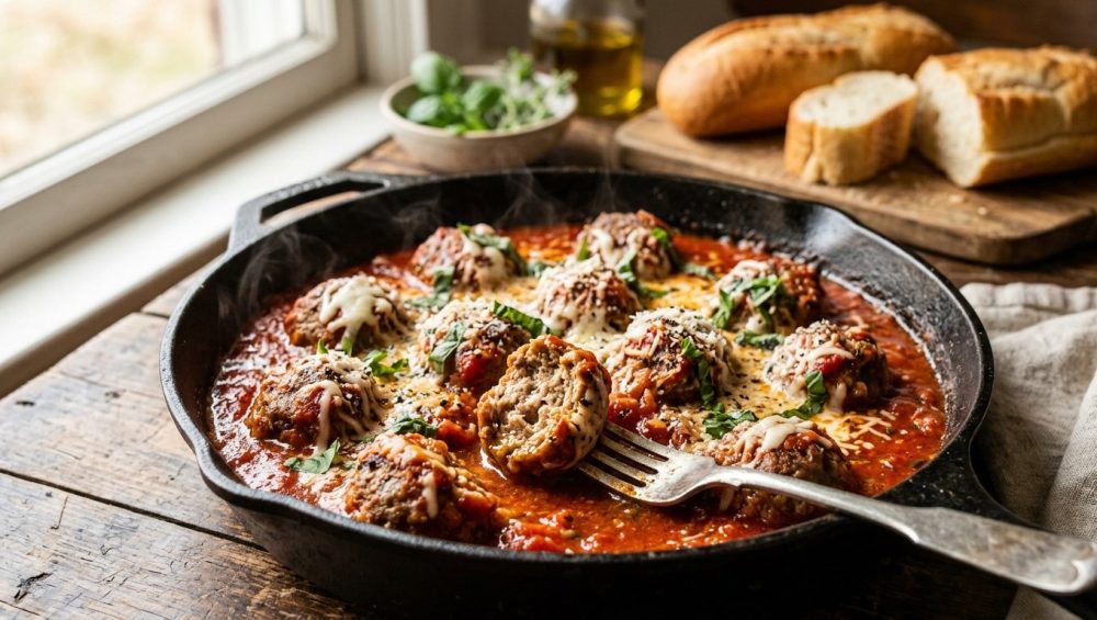 **Alt text:** A rustic cast-iron skillet of meatballs simmering in red marinara sauce, garnished with melted cheese and fresh basil. In the foreground, one meatball is broken open with a fork to reveal a tender, moist interior.