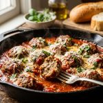 **Alt text:** A rustic cast-iron skillet of meatballs simmering in red marinara sauce, garnished with melted cheese and fresh basil. In the foreground, one meatball is broken open with a fork to reveal a tender, moist interior.