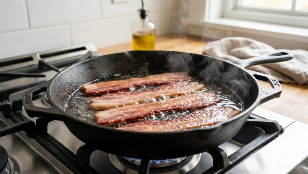 **Alt Text:** A close-up of thick-cut bacon cooking flat in a shallow layer of simmering water inside a black cast-iron skillet. Soft steam rises from the pan, illuminated by bright, natural morning light.