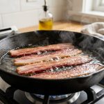 **Alt Text:** A close-up of thick-cut bacon cooking flat in a shallow layer of simmering water inside a black cast-iron skillet. Soft steam rises from the pan, illuminated by bright, natural morning light.