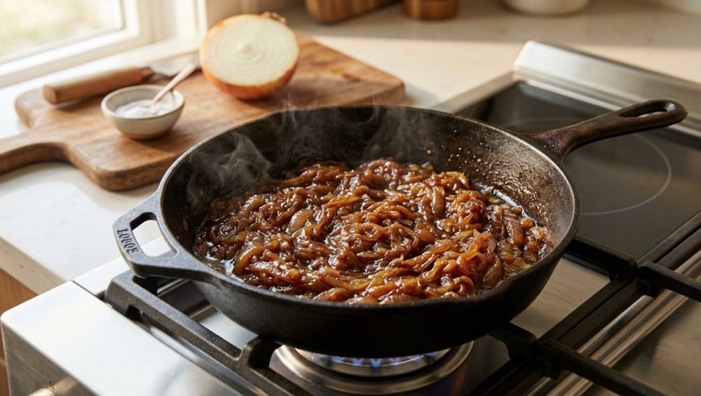 **Alt text:** Glistening, deep-brown caramelized onions cook in a seasoned cast-iron skillet with gentle steam rising. Warm natural light highlights the rich texture, with a blurred background of a raw halved onion on a wooden cutting board.