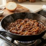 **Alt text:** Glistening, deep-brown caramelized onions cook in a seasoned cast-iron skillet with gentle steam rising. Warm natural light highlights the rich texture, with a blurred background of a raw halved onion on a wooden cutting board.