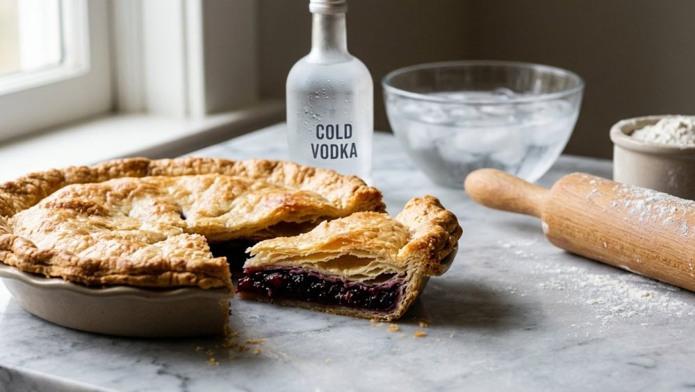 **Alt text:** Close-up of a golden-brown pie crust on a marble counter, with a cut slice showing flaky, airy layers. A cold bottle of vodka and a floured rolling pin are softly blurred in the background.