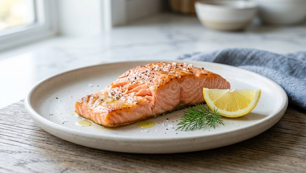 A perfectly cooked, flaky pink salmon fillet glistening on a minimalist ceramic plate, garnished with a lemon wedge and a sprig of dill under soft, natural light.