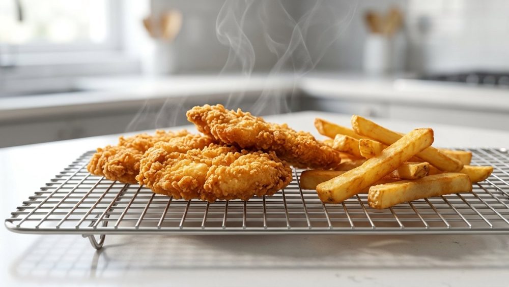 **Alt text:** Crispy golden-brown chicken cutlets and thick-cut fries on an elevated stainless steel wire rack, with faint steam rising under bright, natural kitchen light.