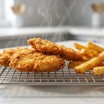 **Alt text:** Crispy golden-brown chicken cutlets and thick-cut fries on an elevated stainless steel wire rack, with faint steam rising under bright, natural kitchen light.