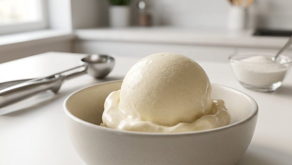 **Alt text:** A close-up photograph of a single, smooth scoop of vanilla bean ice cream slowly melting in a minimalist ceramic bowl, under soft, warm morning light.