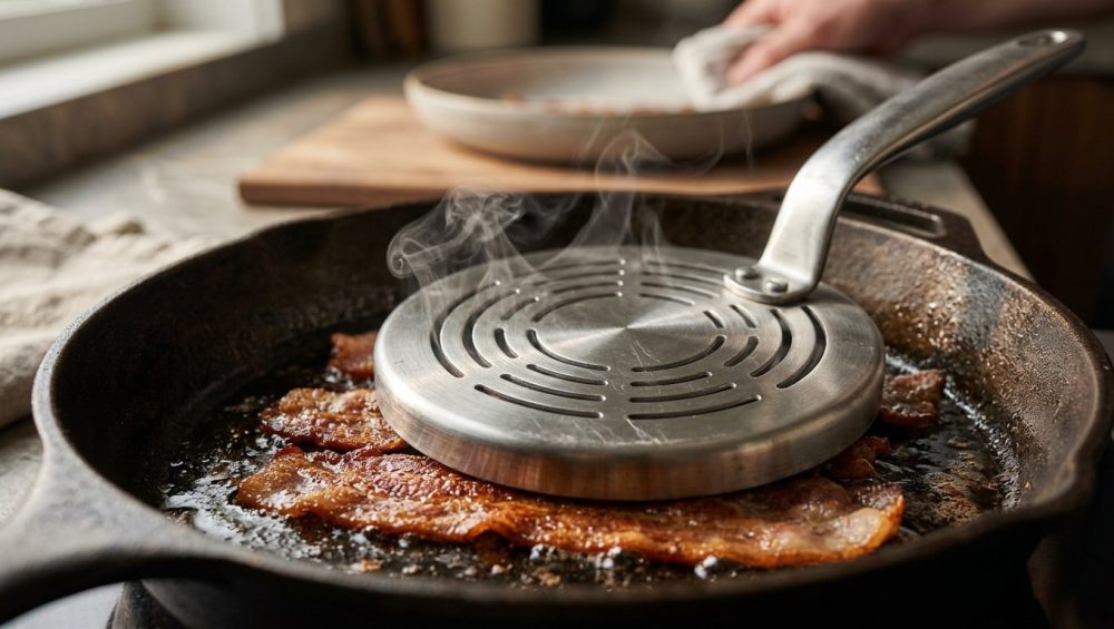**Alt Text:** A close-up of a brushed stainless steel chef’s press resting on sizzling, crispy bacon in a cast iron skillet, with steam rising from its circular vents.