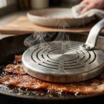 **Alt Text:** A close-up of a brushed stainless steel chef’s press resting on sizzling, crispy bacon in a cast iron skillet, with steam rising from its circular vents.