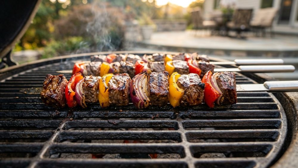 **Alt text:** A close-up of flat stainless steel skewers on an outdoor grill, loaded with juicy, charred beef cubes, red and yellow bell peppers, and red onions, glistening in warm golden hour light.