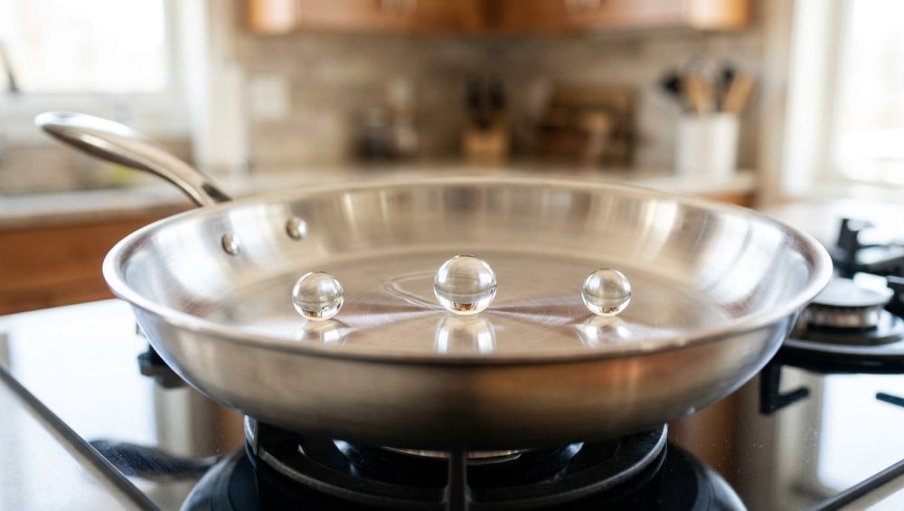 **Alt text:** A clean, macro photograph of perfect spherical water droplets hovering and gliding across the hot surface of a polished stainless steel skillet, demonstrating the Leidenfrost effect.