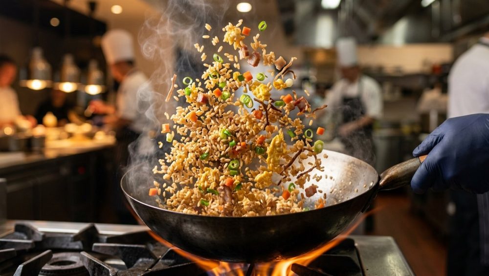 **Alt text:** A dynamic, close-up shot of golden fried rice frozen mid-air as it is tossed in a seasoned carbon steel wok, featuring glistening individual grains, vibrant green scallions, diced carrots, and wisps of rising steam.
