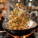 **Alt text:** A dynamic, close-up shot of golden fried rice frozen mid-air as it is tossed in a seasoned carbon steel wok, featuring glistening individual grains, vibrant green scallions, diced carrots, and wisps of rising steam.