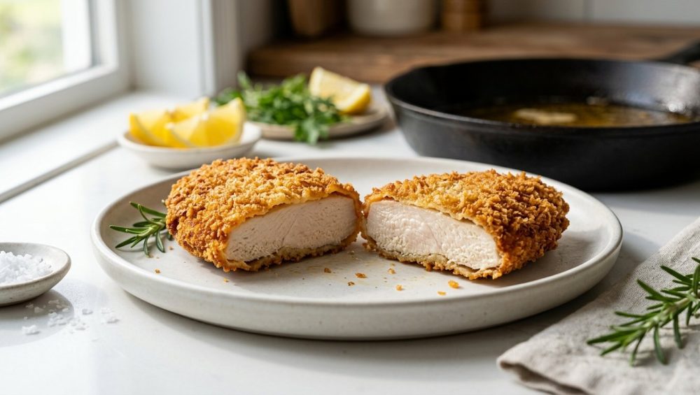 **Alt text:** A golden-brown, crispy panko chicken cutlet sliced in half on a ceramic plate, showcasing a seamless, juicy cross-section. Warm, natural light highlights the crunchy texture, with a soft-focus kitchen background.