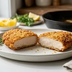 **Alt text:** A golden-brown, crispy panko chicken cutlet sliced in half on a ceramic plate, showcasing a seamless, juicy cross-section. Warm, natural light highlights the crunchy texture, with a soft-focus kitchen background.