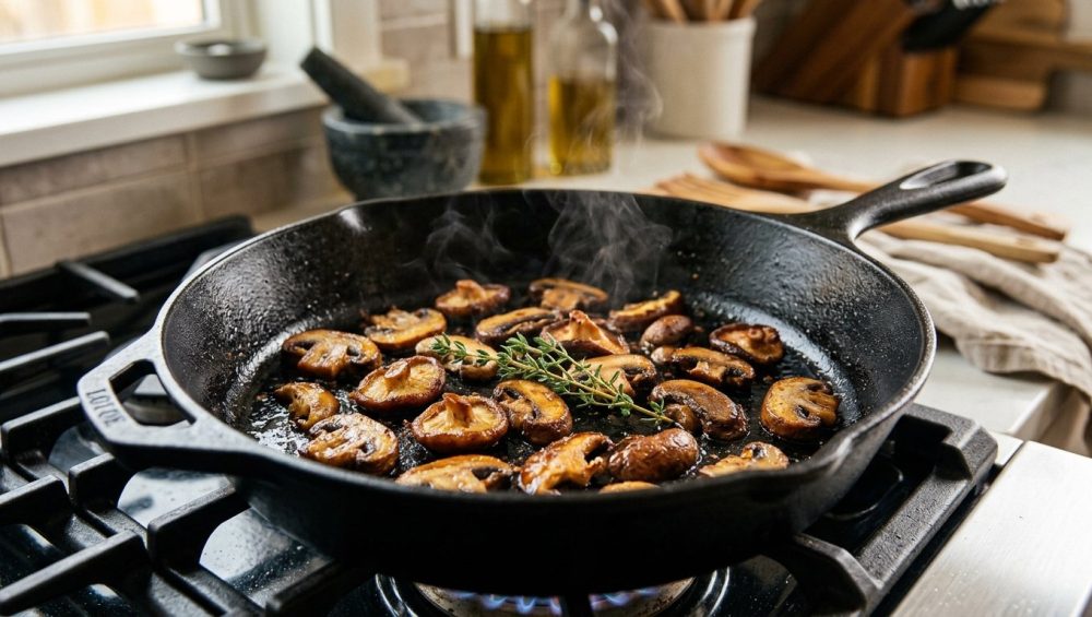 Sliced cremini and shiitake mushrooms, deeply caramelized and glistening, searing in a hot cast-iron skillet with a fresh sprig of thyme, set against a softly blurred kitchen background.