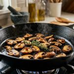 Sliced cremini and shiitake mushrooms, deeply caramelized and glistening, searing in a hot cast-iron skillet with a fresh sprig of thyme, set against a softly blurred kitchen background.
