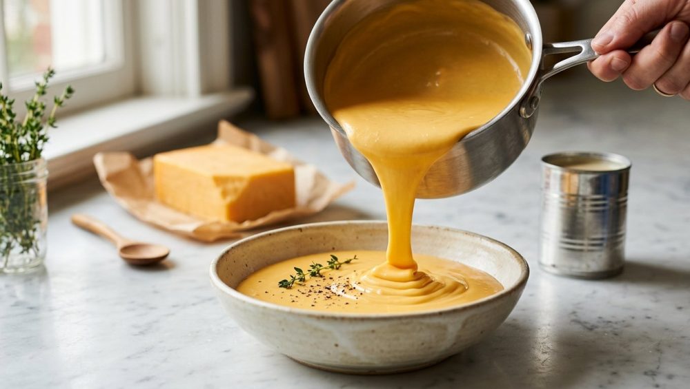 A thick, glossy stream of golden cheddar cheese sauce pouring from a stainless steel saucepan into a rustic ceramic bowl.