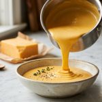 A thick, glossy stream of golden cheddar cheese sauce pouring from a stainless steel saucepan into a rustic ceramic bowl.