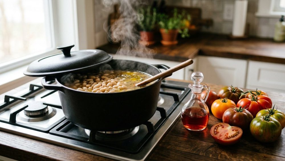 A black Dutch oven filled with simmering white beans on a stove, next to fresh red tomatoes and a small glass cruet of vinegar on a dark wood countertop, bathed in warm morning light.