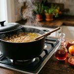 A black Dutch oven filled with simmering white beans on a stove, next to fresh red tomatoes and a small glass cruet of vinegar on a dark wood countertop, bathed in warm morning light.