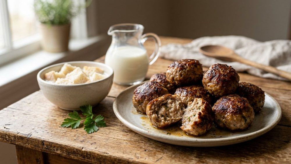 A plate of golden-brown meatballs on a rustic wooden table, with one meatball broken open to reveal a juicy interior, set against a soft-focus kitchen background in warm, natural light.