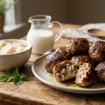 A plate of golden-brown meatballs on a rustic wooden table, with one meatball broken open to reveal a juicy interior, set against a soft-focus kitchen background in warm, natural light.