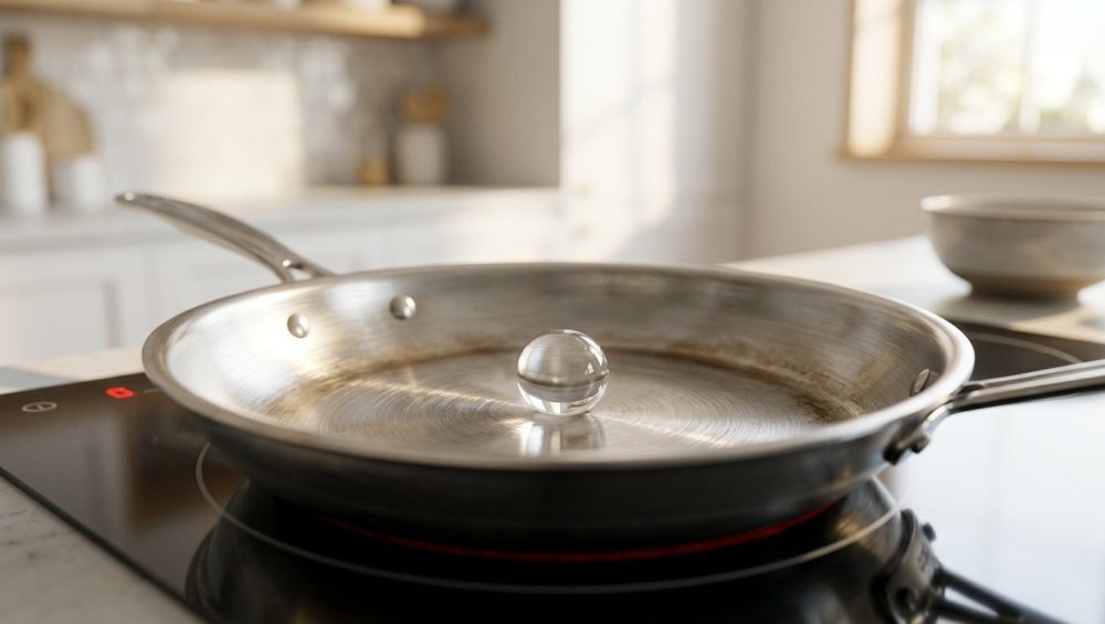 **Alt text:** A crisp macro photograph of a single, spherical water droplet gliding effortlessly across a hot, brushed stainless steel skillet, showcasing the Leidenfrost effect in a bright, sunlit kitchen.
