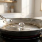 **Alt text:** A crisp macro photograph of a single, spherical water droplet gliding effortlessly across a hot, brushed stainless steel skillet, showcasing the Leidenfrost effect in a bright, sunlit kitchen.