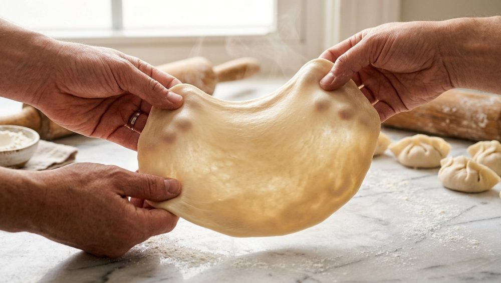 **Alt text:** Close-up of two hands gently stretching warm, elastic dumpling dough on a flour-dusted marble countertop. Faint steam rises in the warm morning light, with folded dumplings in the soft-focus background.