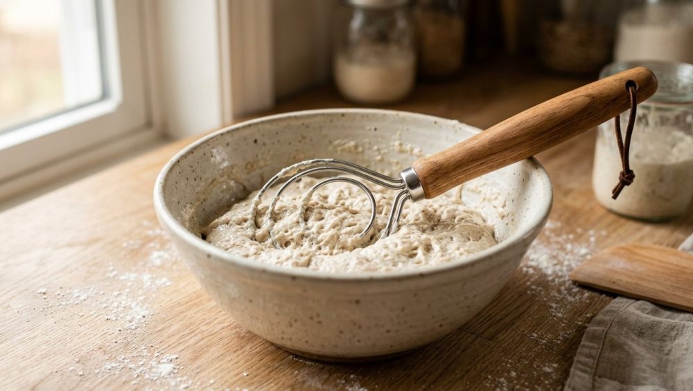 A close-up of a Danish dough whisk with a wooden handle resting in a ceramic bowl of shaggy bread dough, set on a flour-dusted wooden countertop in soft, warm morning light.